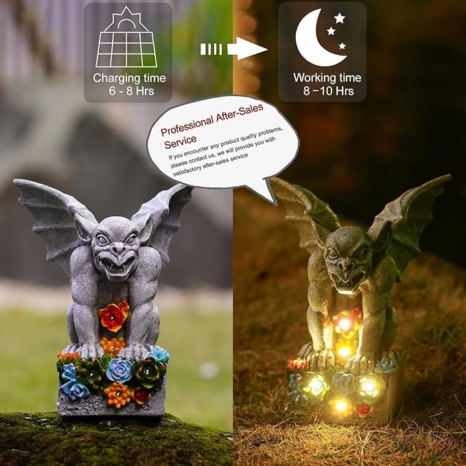 Gothic Gargoyle Garden Statues: Outdoor Sculptures with Succulent Lights Decor for Patio Lawn Yard Art - Gifts for Mom Grandma