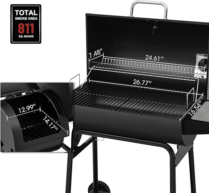 Royal Gourmet CC1830M 30 Inch Barrel Charcoal Grill with Offset Smoker & Warming Rack, Outdoor BBQ Grill with 811 Sq. In. Grilling Space for Backyard, Patio and Parties, Black