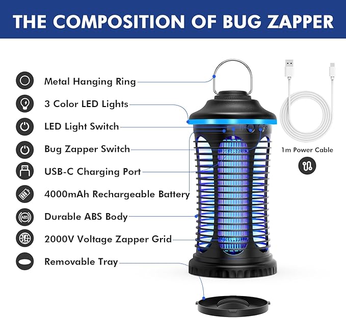 Rechargeable Bug Zapper Outdoor & Indoor, Mosquito Zapper, Fruit Fly Trap, Gnat Moths Catcher, 4200V Grid, USB Charging, 4000mAh Battery, Fit for Home, Kitchen, Backyard, Camping, Patio, Black