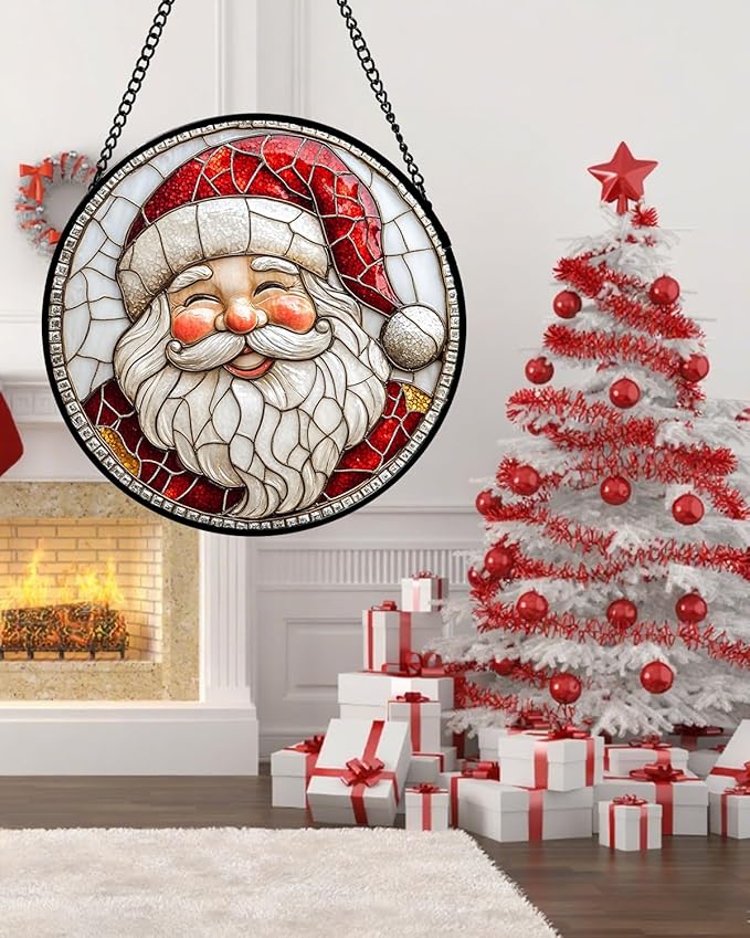 Stained Glass Window Hanging - Red White Santa Claus Suncatcher for Doors Home Christmas Decoration Winter Sun Catcher Thanksgiving New Year Birthday Gifts for Women Men Mom Nana Girl 11.8 in