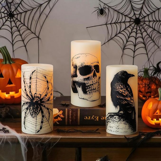 Eldnacele Halloween Flameless Candles with Skull,Spider Web, Crow Raven Decal, Rechargeable Battery Operated Cycle Timer Halloween Themed LED Real Wax Ivory Candles Spooky Decor(3pcs,D3×H6)