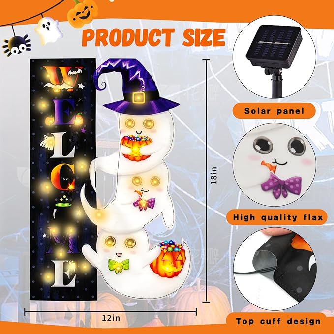 Halloween Lighted Garden Flag, Solar Yard Flag for Outside, 8 Modes Double Sided Welcome Halloween Ghost Outdoor Decorations for Home Porch (Ghost-12x18)