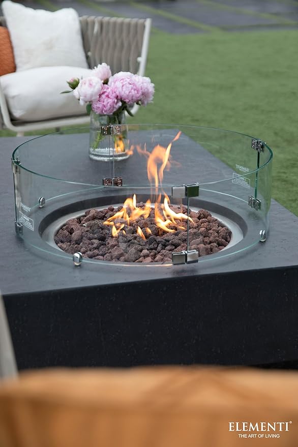 Elementi | Bundle Metropolis Gas Fire Pit Cast Concrete 56" Rectangular Fire Table, Outdoor Fire Pit Electronic Ignition | Canvas Cover, Lava Rock Included | Dark Gray (Natural Gas)
