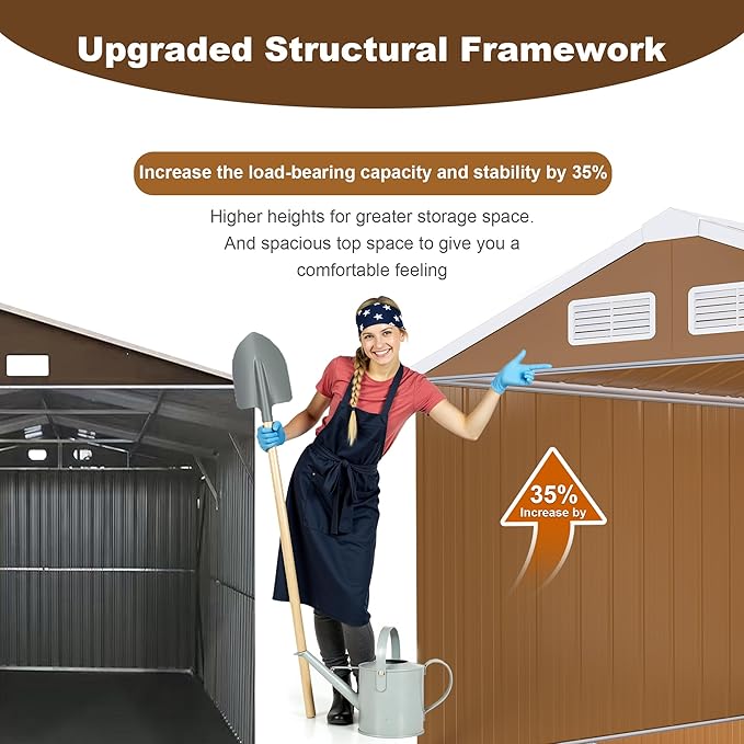 Outdoor Tool Shed 8x12 FT Heavy-Duty Metal Storage Shed with Lockable Door, Windows & Ventilation - Weather-Resistant Roof Garden Shed for Backyard, Patio, Lawn (Brown)