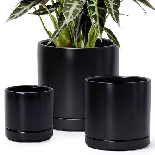 D'vine Dev 6 Inch & 8 Inch & 10 Inch, Set of 3 Round Ceramic Planter Pot with Drainage Hole and Saucer, Black, 94-T-L-2