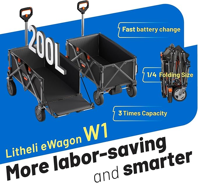 Litheli Electric Wagon Cart with Battery Power, All-Terrain Wheels & Variable Speed | 200L Capacity, 300 lbs Heavy-Duty Utility Wagon for Camping Gear, Beach Trips, Garden Tools & Shopping Hauls