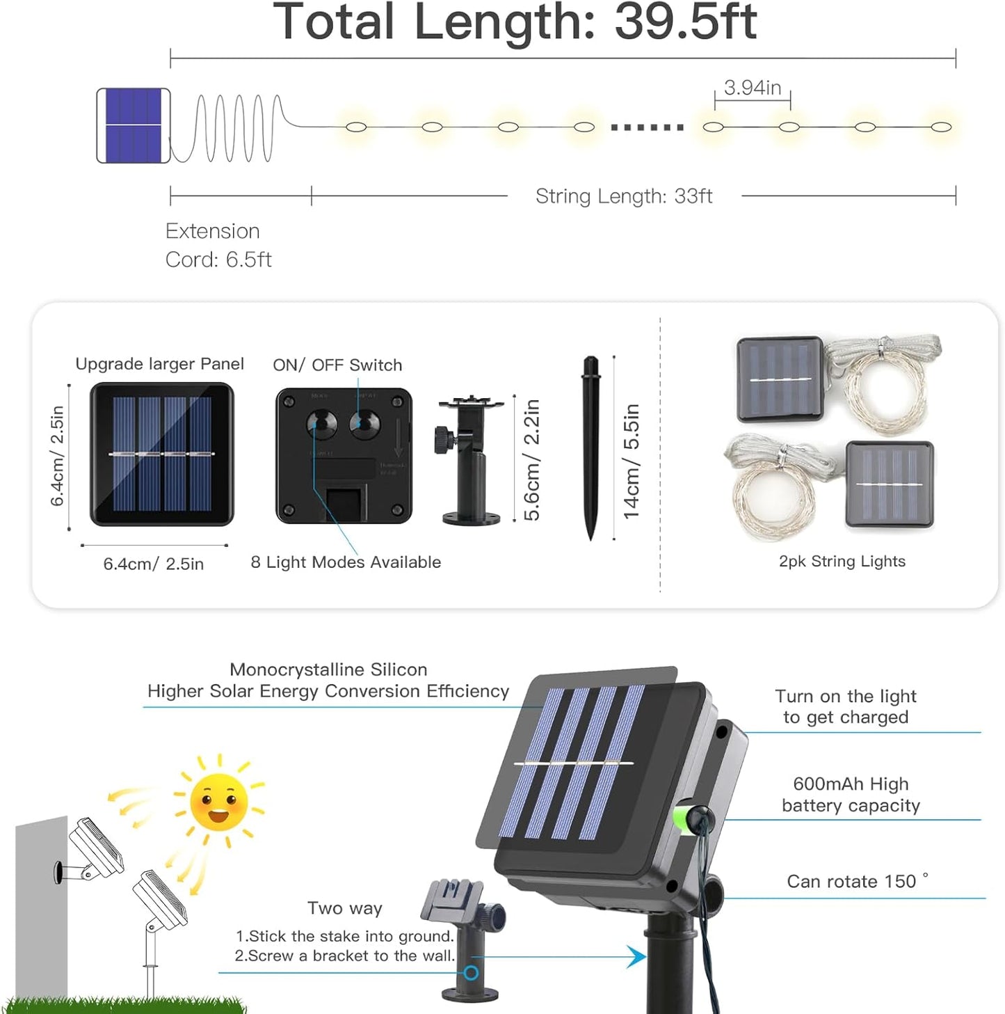 suddus Solar Fairy Lights Outdoor Waterproof, 2 Pack 33ft 100 LED Solar Twinkle Lights, 8 Modes White Solar Christmas Lights for Backyard Trees Patio Deck Garden Birthday Party Wedding Decorations