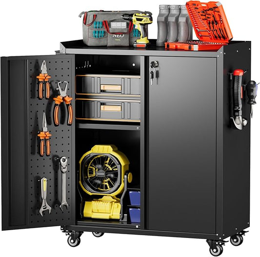 Metal Tool Cabinets with Pegboard and Hooks,Garage Storage Cabinet with Wheels and 2 Lockable Doors for Garage, Home, Office,Assembly Required,Black,13.8" D x 26" W x 34.3" H
