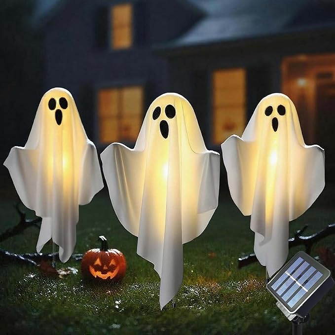 Solar Powered Halloween Decorations, 3 Pack Light Up Ghost Outdoor Path Pathway Kit Walkway Driveway Warm White Led Lights Solar Power Scary Yard Stakes Garden Lawn Decor
