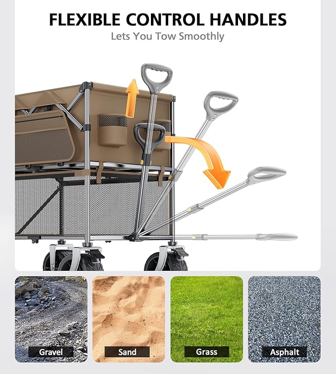 Sports Wagon Carts,480Lbs Double Decker Wagon,Foldable Lounge Wagon with Tank Wheels&Side Pocket&Dustbag,New Wave Garden,Camping,Shopping,Beach Wagon to Family Trips and Outdoors Time-Brown