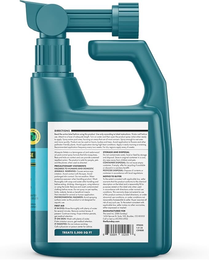 Sunday Mosquito Deleto - Mosquito Repellent & Bug Control Spray - Concentrated Lemongrass & Cedar Oils - for Mosquitoes, Fleas, & Ticks - Lasts up to 4 Weeks - Hose-On Sprayer, 32 Fl Oz
