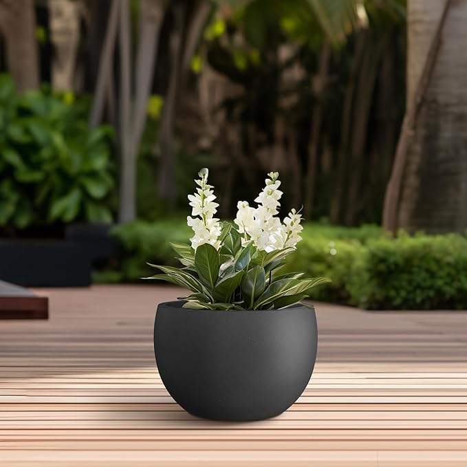Kante 11.8" Dia Round Concrete Planter, Outdoor/Indoor Large Bowl Plant Pots with Drainage Hole and Rubber Plug for Garden Patio Balcony Home, Black
