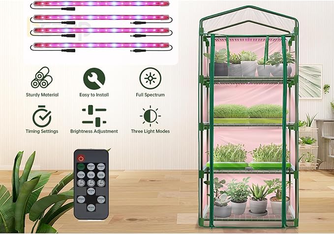 Mini Greenhouse with Grow Light , 4 Tier 27.2" L×19.9" W×61.8" H Portable Greenhouse with Zippered PVC Cover for Seed Starting Trays , Dimmable 2ft 60W Plant Light for Indoor Plant with Timer