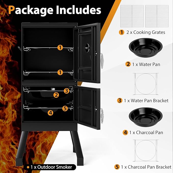 Charcoal Smoker Outdoor, Vertical BBQ Smoker with Thermostat, 2 Access Doors, 2 Cooking Grates, 2 Removable Pans & 4 Air Vents, Meat Smokers Grill for Parties, Barbecues and Backyard