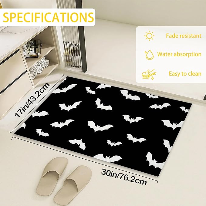 Front Door Mat,Gothic Bats Doormat Outside Entrance,Non-Slip Halloween Entryway Rug for Porch Patio, Felt Low Profile Welcome Mat Indoor for Hallways, 30 x 17 Inch