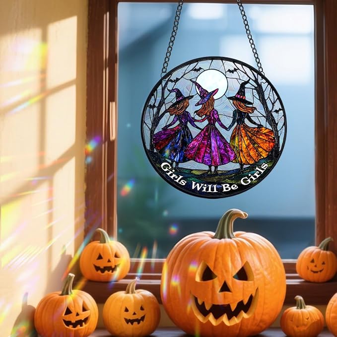 Halloween Sun Catcher - 8 Inch Round Suncatcher for Window Hanging Decoration - Creates Indoor Rainbows Light Refraction - Spooky Ghost, Witch, Pumpkin Design - Suction Cup Hook & Chain