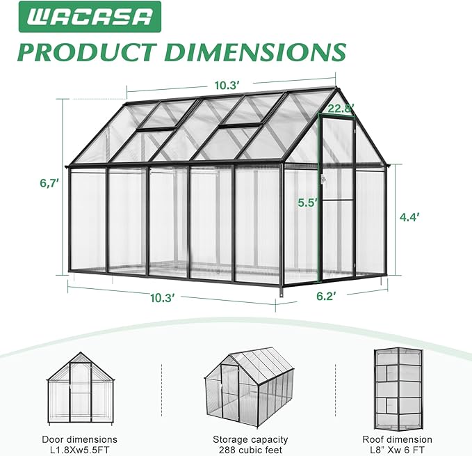 6'x10' Snap-Together Greenhouse - Easy 3-Way Connectors, Heavy-Duty Aluminum Frame, Wind/Snow Resistant for Gardening/Urban Farming, Includes Sliding Door & Ventilation Windows