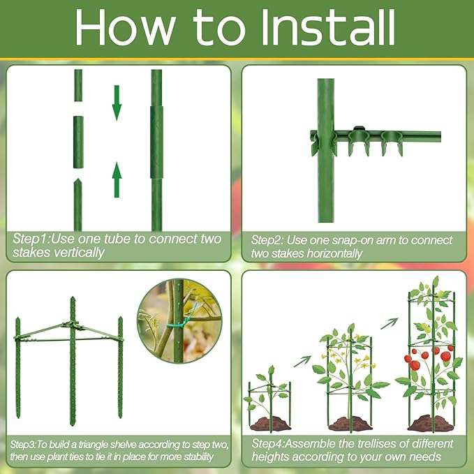 Halatool 8 Pack Tomato Cages for Garden, Up to 48in(4FT) Adjustable Tomato Cage,Garden Stakes Tomato Trellis for Pots, Green Tomato Plant Support with Snap-On Arms for Vegetables Plants(6 Buckles)