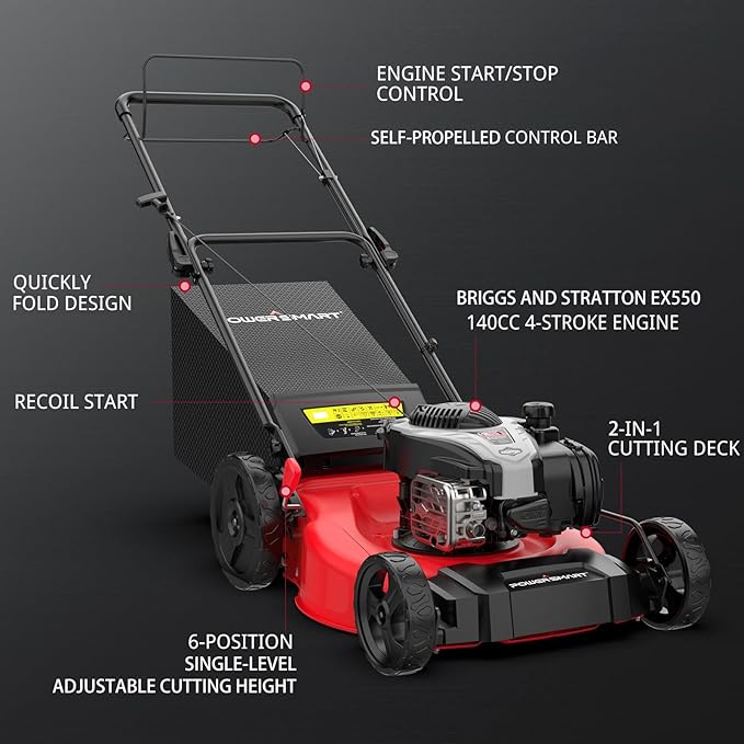 PowerSmart Self Propelled Gas Lawn Mower 21-inch with 140cc Briggs and Stratton EX550 Engine, 2-in-1 with Bagger, Rear Wheel Drive Single-Speed, 6-Position Adjustable Cutting Height