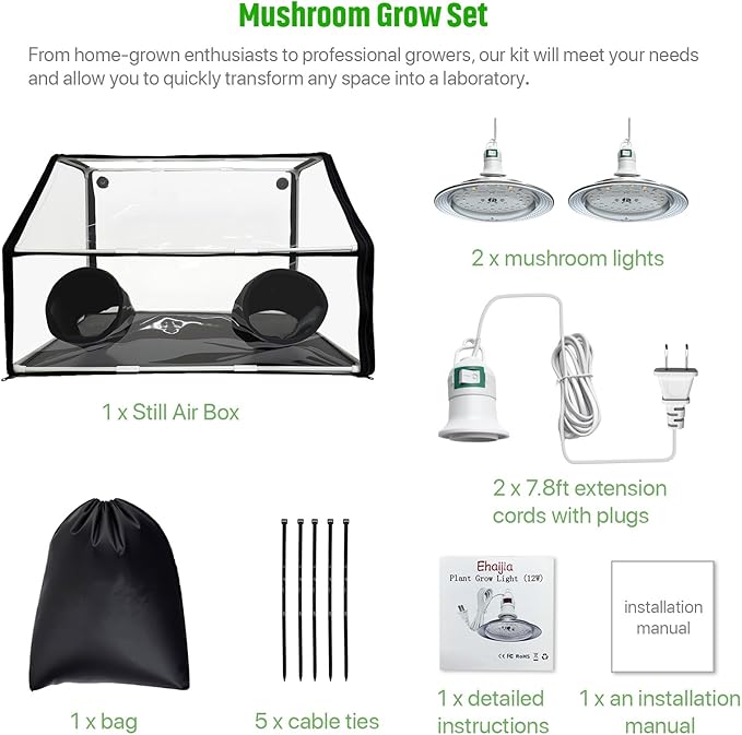 Large Still Air Box Mushroom Grow Set, 30×20×20 Inch Mycology Fume Hood Propagation Tent with Two Mushroom Lights, Provide 360°lllumination, Durable& Easy to Install, Ideal for Indoor Growers