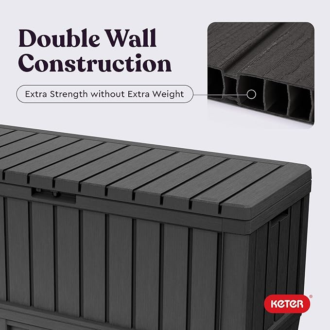 Keter Kentwood 92 Gallon Resin Deck Box-Organization and Storage for Patio Furniture Outdoor Cushions, Throw Pillows, Garden Tools and Pool Floats, Dark Grey