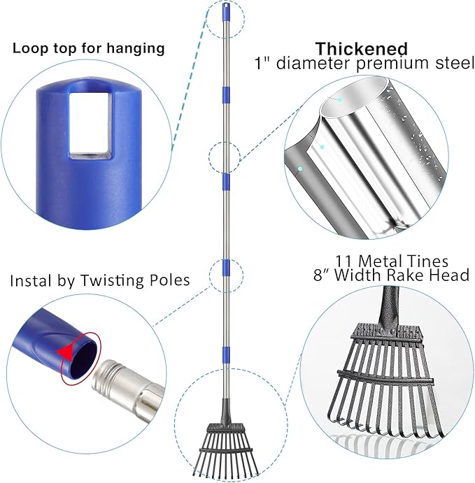 Rake for Leaves, 8" Wide 11 Tines Small Metal Hand Garden Adjustable Lawn Yard Shrub Kids Leaf Rake Heavy Duty Garden Tool for Gardening