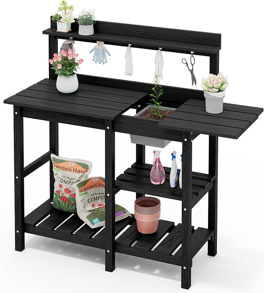 SERWALL Potting Bench Outdoor Potting Table with Sink, HDPE Potting Benches for Outside Gardening Table All Weather Use- Black