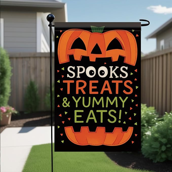 Halloween Garden Flag Spooks Treats & Yummy Eats Pumpkin Flag 12x18 Inch Double Sided Outdoor Yard Banner for Trick or Treat Halloween Decoration Decor