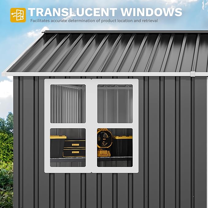 DWVO 10' x 8' Outdoor Storage Shed, Waterproof Metal Garden Shed with Windows, Lockable Doors, and Sloped Roof for Patio, Backyard, Lawn, Tool Storage, Bike Shed, Pet Shelter (Gray + White)