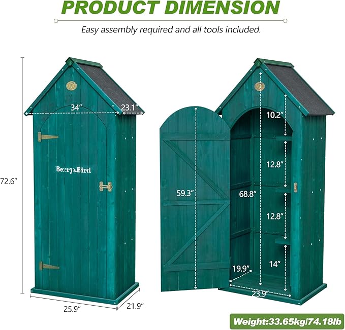 Berry&Bird Small Outdoor Storage Shed, Woodn Garden Storage Caninet Waterproof Vertical Sheds with Floor, Lock & Shelves, Mini Outside Tool Tinyhouse for Patio Backyard Lawn(Green,25.9”x 21.9”x 72.6”)