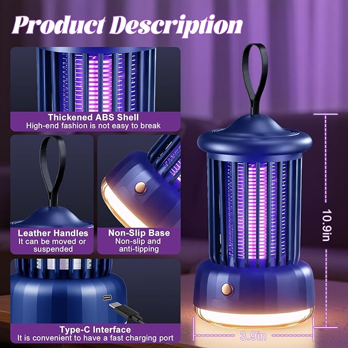 Bug Zappers, Portable USB Rechargeable with 360° Smart Zapping, Camping Lamp, Quiet Operation, Safe for Baby and Pregnant, Ideal for Garden, Home, Campsite