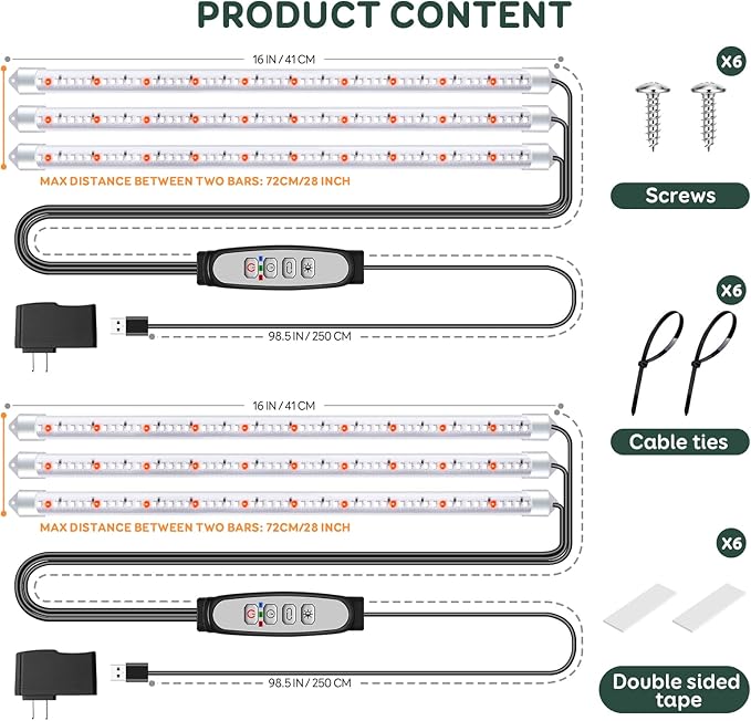 Tri-Bars Grow Light Strips for Indoor Plants with Auto ON/Off Timer 6/12/18H, 5 Dimmable Levels for Shelves Plant Growing(Pack 2)