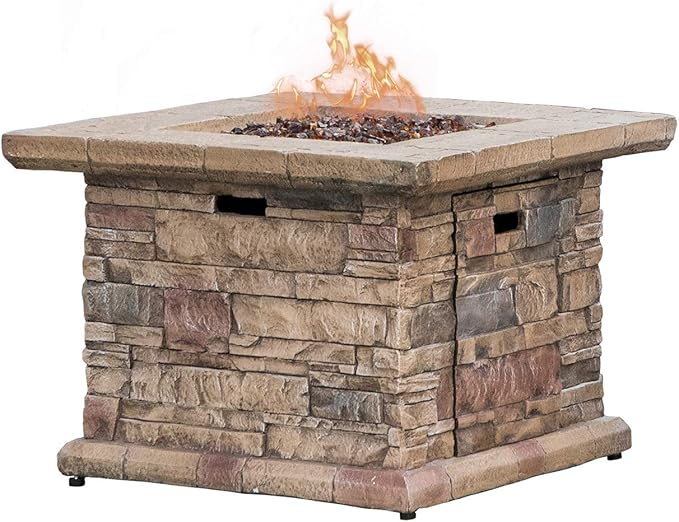 COSIEST Outdoor Propane Fire Pit Table w Faux Brown Ledgestone 32-inch Square Fire Table, CSA Certified, 50,000 BTU Stainless Steel Burner, Free Lava Rocks, Fits 20lb Tank Inside