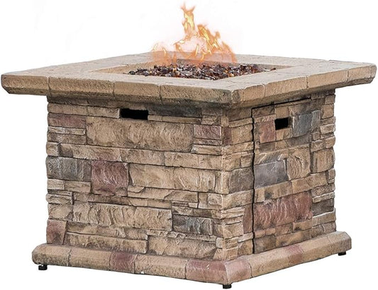 COSIEST Outdoor Propane Fire Pit Table w Faux Brown Ledgestone 32-inch Square Fire Table, CSA Certified, 50,000 BTU Stainless Steel Burner, Free Lava Rocks, Fits 20lb Tank Inside