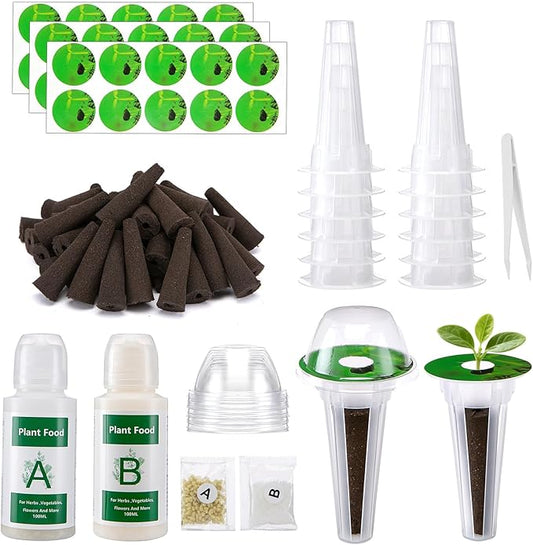 129Pcs Hydroponic Pods Kit with A&B Plant Food, Hydroponic Pods with 50 Grow Sponges, 50 Plant Labels,12 Grow Baskets, 12 Grow Domes and 1 Tweezers - Compatible with Aerogarden Grow Anything Herb Kits