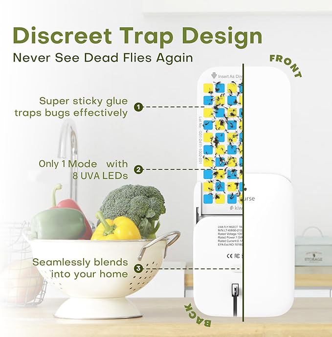 Flying Insect Trap Indoor - Plug-in Fly Catcher and Killers Includes Refills for House Flies, Fruit Flies, Gnats,Cover up to 800 ft², Without Night Mode, Off-White, 1 Traps + 1 Refills