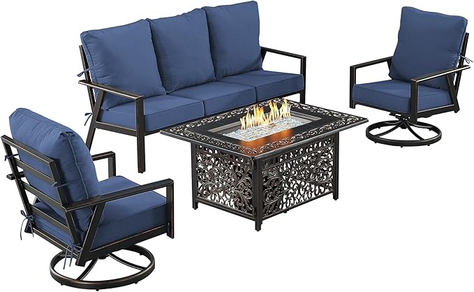 Oakland Living Black Aluminum Patio Fire Table Set with Deep Seating Sofa with Cushion and Two Club Chairs with Blue Cushions