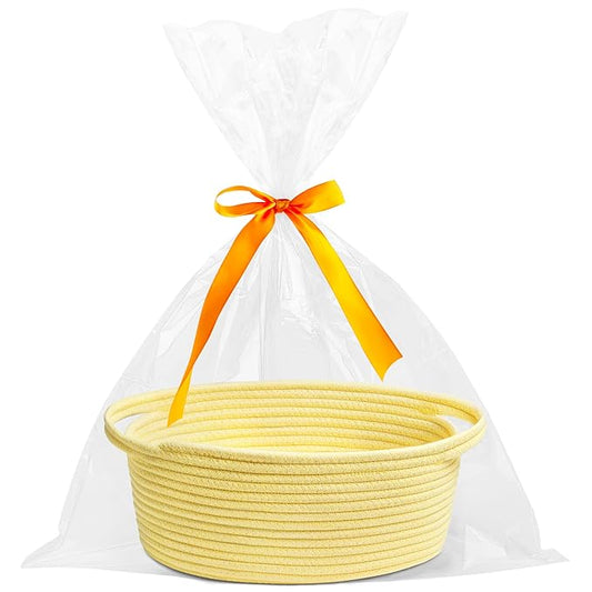 Pro Goleem Small Woven Basket with Gift Bags and Ribbons Durable Baskets for Gifts Empty Small Rope Basket for Storage 12"X 8" X 5" Baby Toy Basket with Handles, Yellow