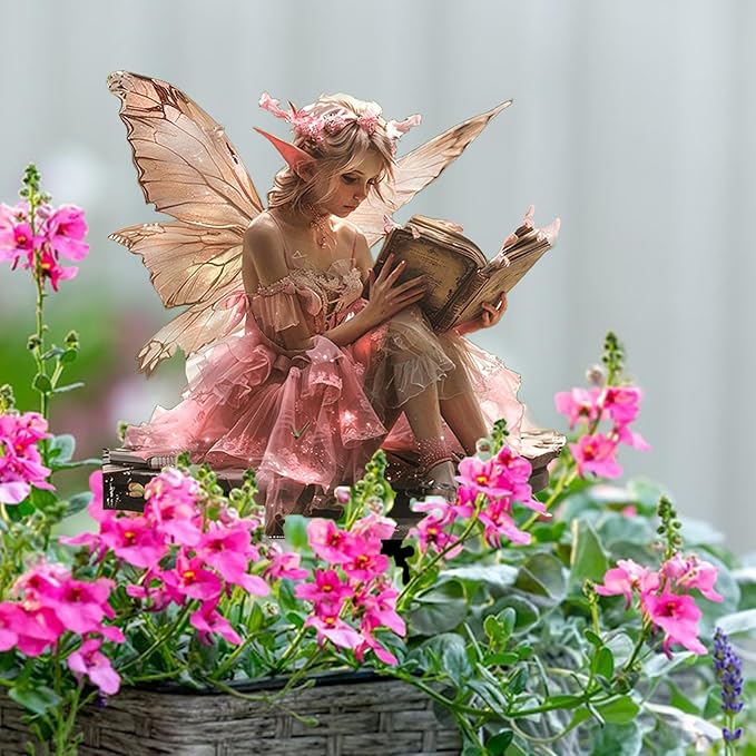 Fairy Garden Stake Decor, 2D Flat Acrylic Fairy Garden Decor Panel, Elf Yard Sign for Outdoor Indoor Yard Lawn Plants Pots, Fairy Backyard Accessories (Pink Fairy Reading a Book)