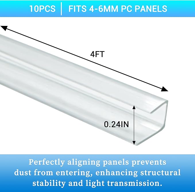 10 PCS Polycarbonate Greenhouse U Connector Profile 4ft Length Fits 0.16’’ & 0.24’’ Twin-Wall Polycarbonate Panels Duty Dust Rain & Moisture Protection Durabler (U-Clip 4' × 0.71’’ × 0.24’’)