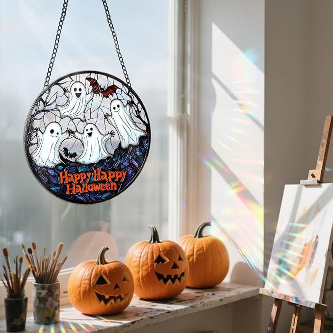 Halloween Sun Catcher - 8 Inch Round Suncatcher for Window Hanging Decoration - Creates Indoor Rainbows Light Refraction - Spooky Ghost, Witch, Pumpkin Design - Suction Cup Hook & Chain