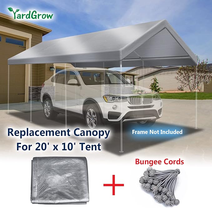YardGrow 10x20 FT Carport Replacement Canopy Cover Garage Shelter Outdoor Carport Canopy Top Tent Shelter Tarp, Canopy ONLY (Silver)