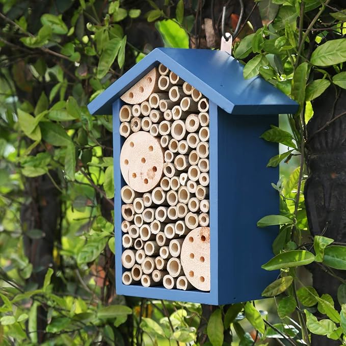 Wooden Bee House-Mason Bee House for Garden,Handmade Natural Wooden Bee Hive for Ladybugs, Lacewings,Butterfly,Bug,Outdoor Bee Hotel