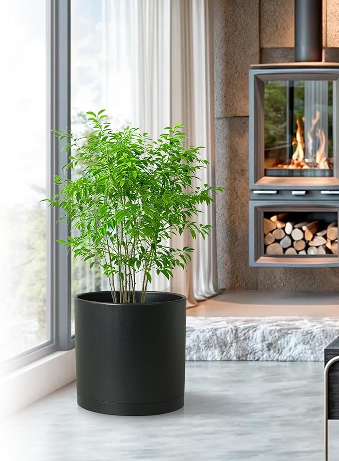 Cylinder 12 inch Plant Pots, Mordern Plastic Planters with Drainage Holes and Saucers for Indoor Outdoor Plants Flowers, Black