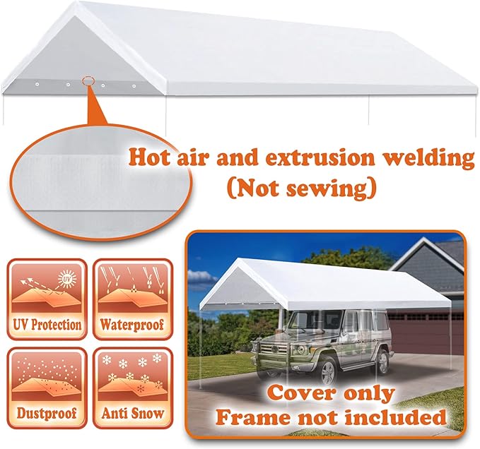 Strong Camel 10'x20' Carport Replacement Canopy Cover for Tent Top Garage Shelter Cover with Ball Bungees (Only Cover, Frame is not Includ (White, 12 x 20')