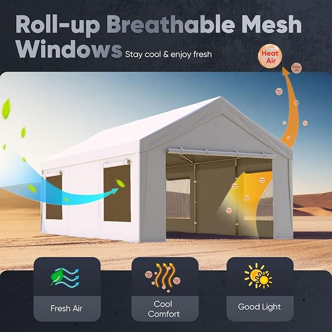 Quictent Heavy Duty 12x20 ft Carports with Side Zipper Doors & Snowproof Steel Cables & Ventilated Windows, Waterproof Storage Shelter for Car, Boat, RV, Outdoor Equipment, White