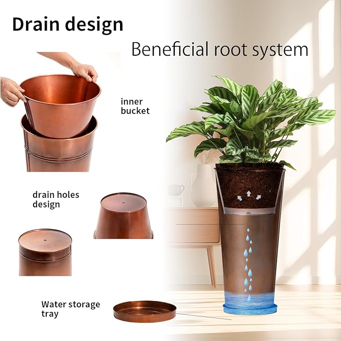 28in Tall Copper Planters Set of 2,Galvanized Steel Tall Outdoor Planter for porches/Indoor/terraces Patio- Copper Color(2planters,2inner pots with Holes, 2trays)