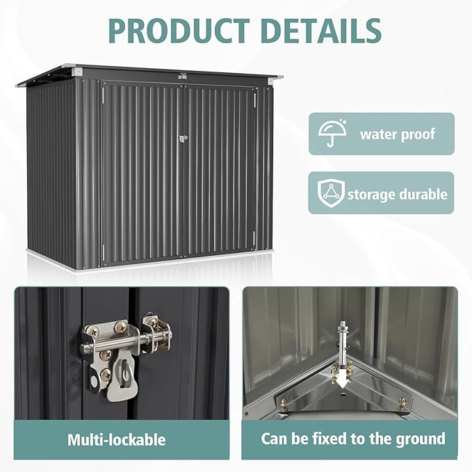 80 Cu. Ft Outdoor Trash Can Shed with Pneumatic Support Rod, 5x3 Ft Outdoor Storage Shed w/Lockable Doors & Waterproof Lid Chain, for Patio/Garden/Backyard