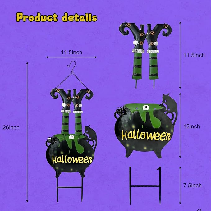 HONGLAND Halloween Decorations Witch Cauldron Garden Stake, Witch Feet Cauldron Eyeball Black Cat Halloween Decor for Outdoor Porch- 31 Inch