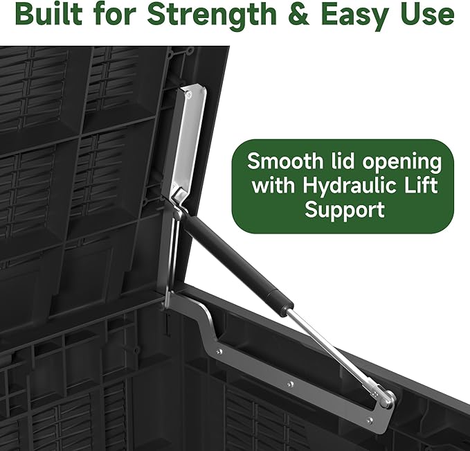 100 Gallon Outdoor Storage Box Waterproof, UV Resistant Resin Deck Box with Hydraulic Rod, Reinforced Stability for Patio, Garden, Rattan Black